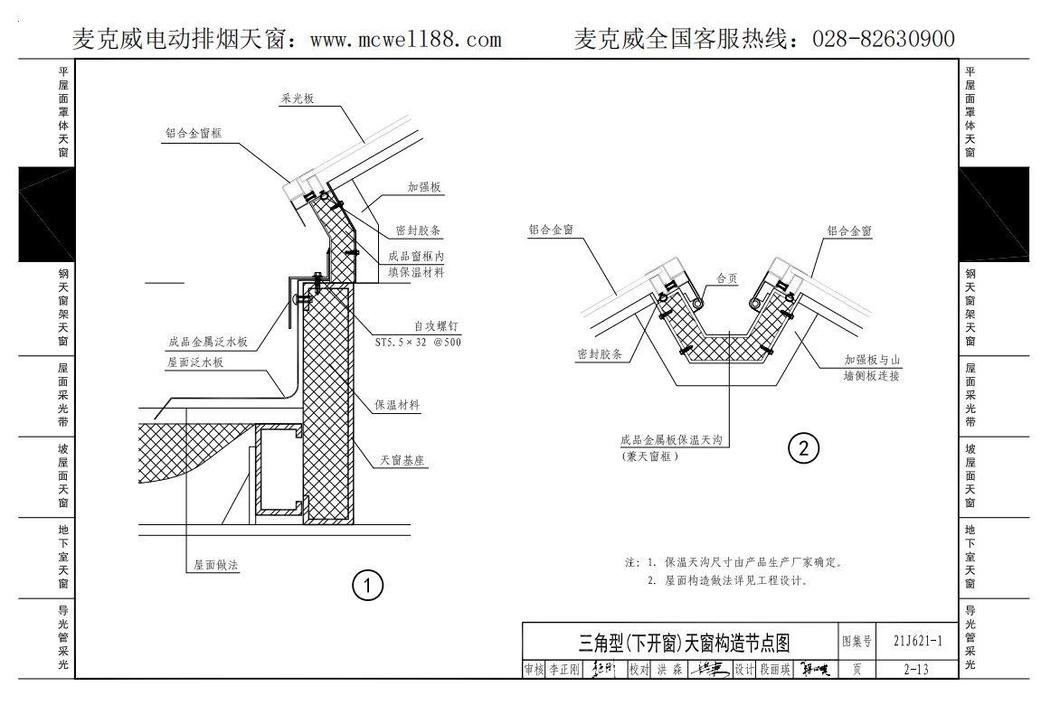 21cj33三角型下開(kāi)式天窗構(gòu)造節(jié)點(diǎn)示意圖